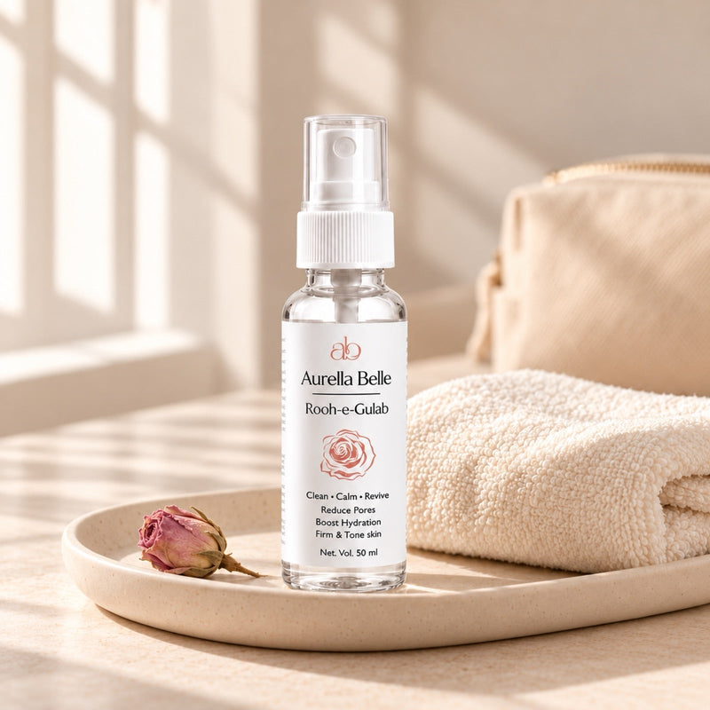Rose water toner on a ceramic tray with a folded towel