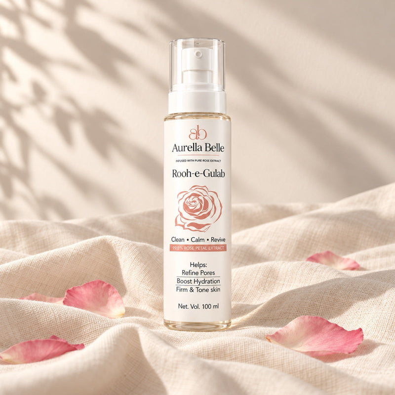 Rooh-e-Gulab rose water on cream linen with rose petals