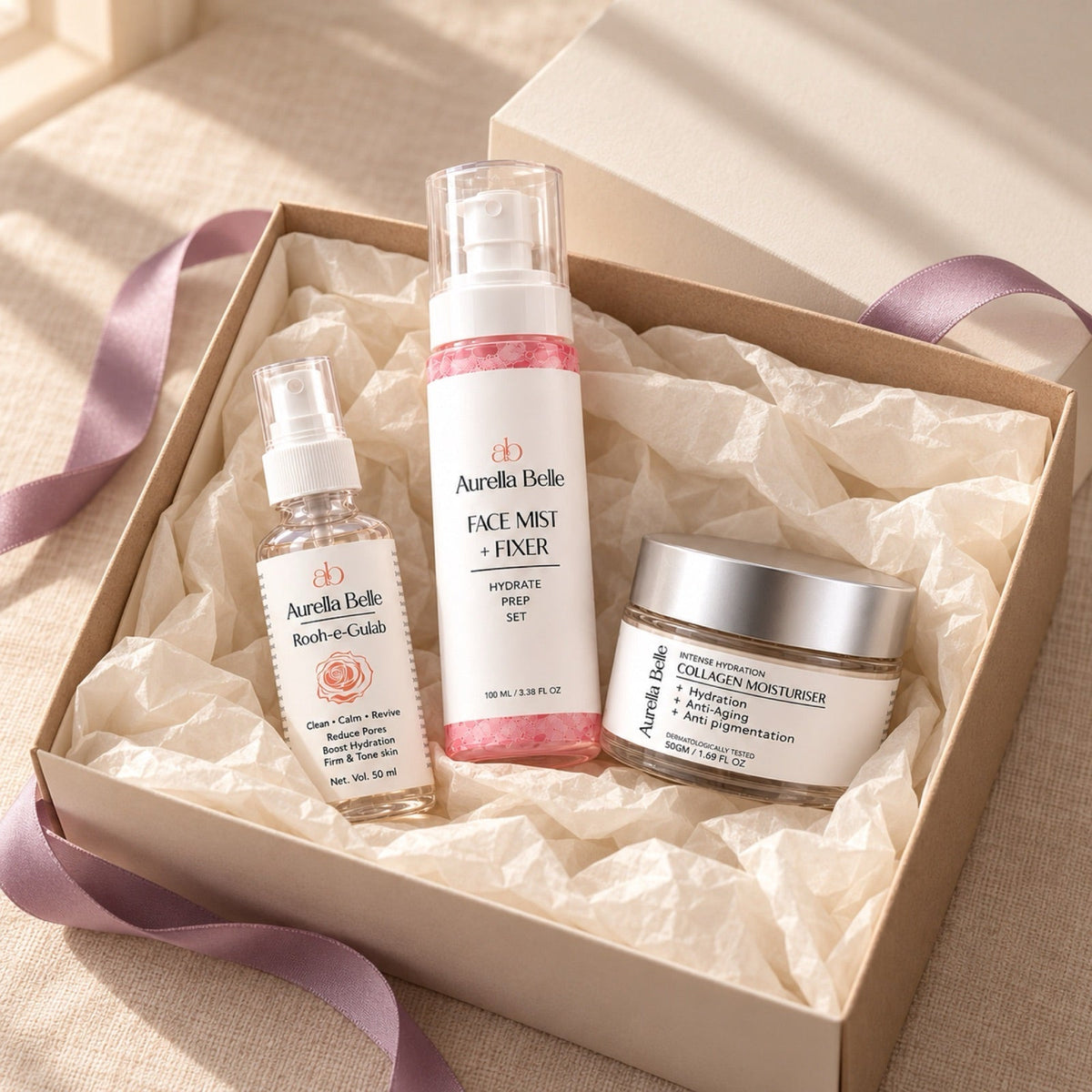 Three-step skincare kit in a cream gift box