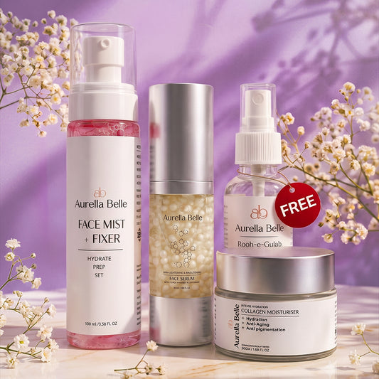 Aurella Belle Ultimate Glow Set: Face Serum, Makeup Fixer, Collagen Moisturiser & Rose Water Complete Glow Kit