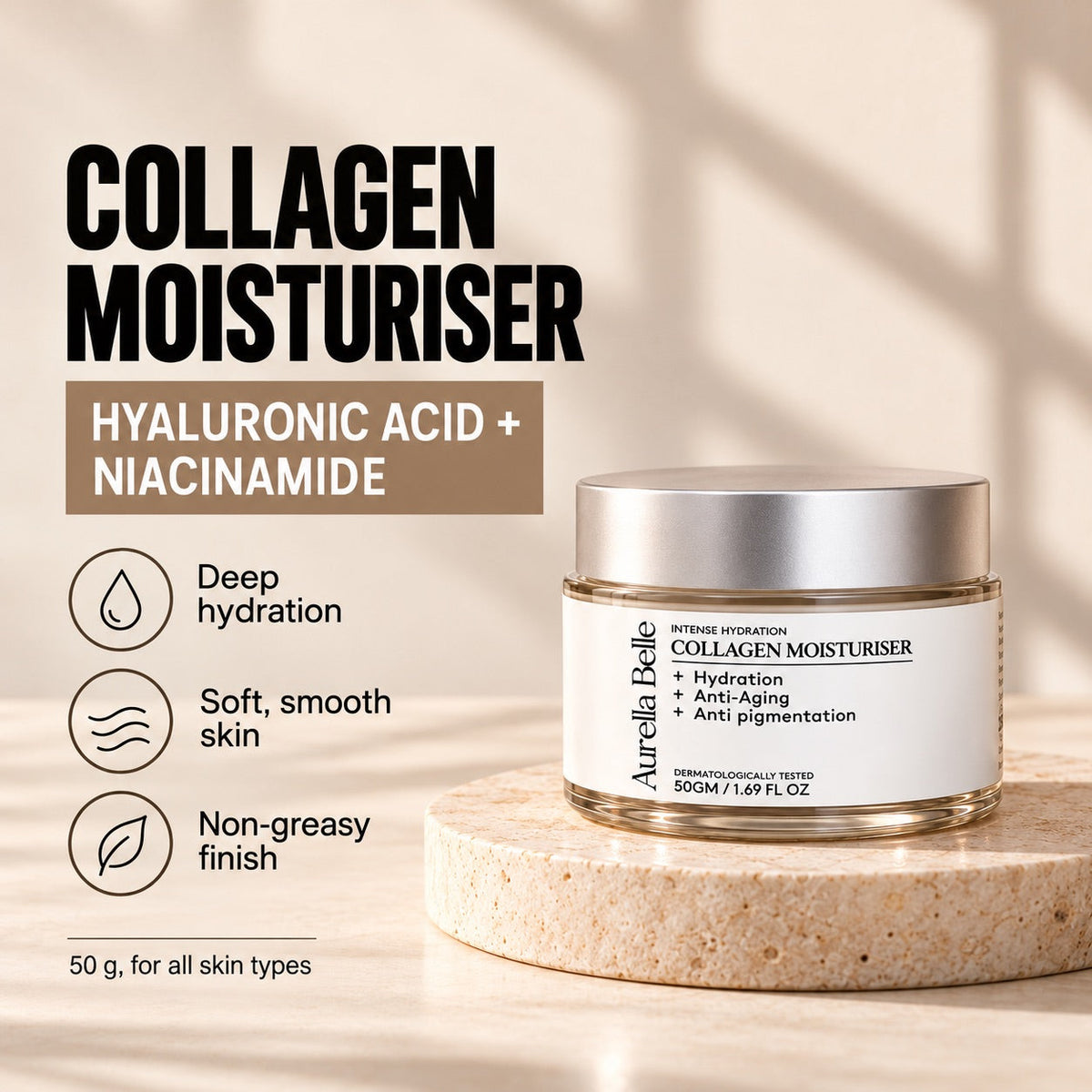 Collagen Moisturiser benefits: hyaluronic acid and niacinamide
