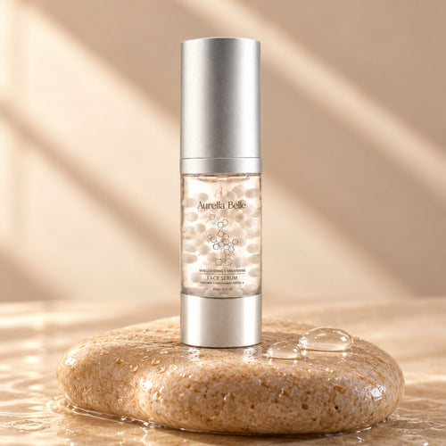 Brightening Face Serum on wet beige stone with water droplets
