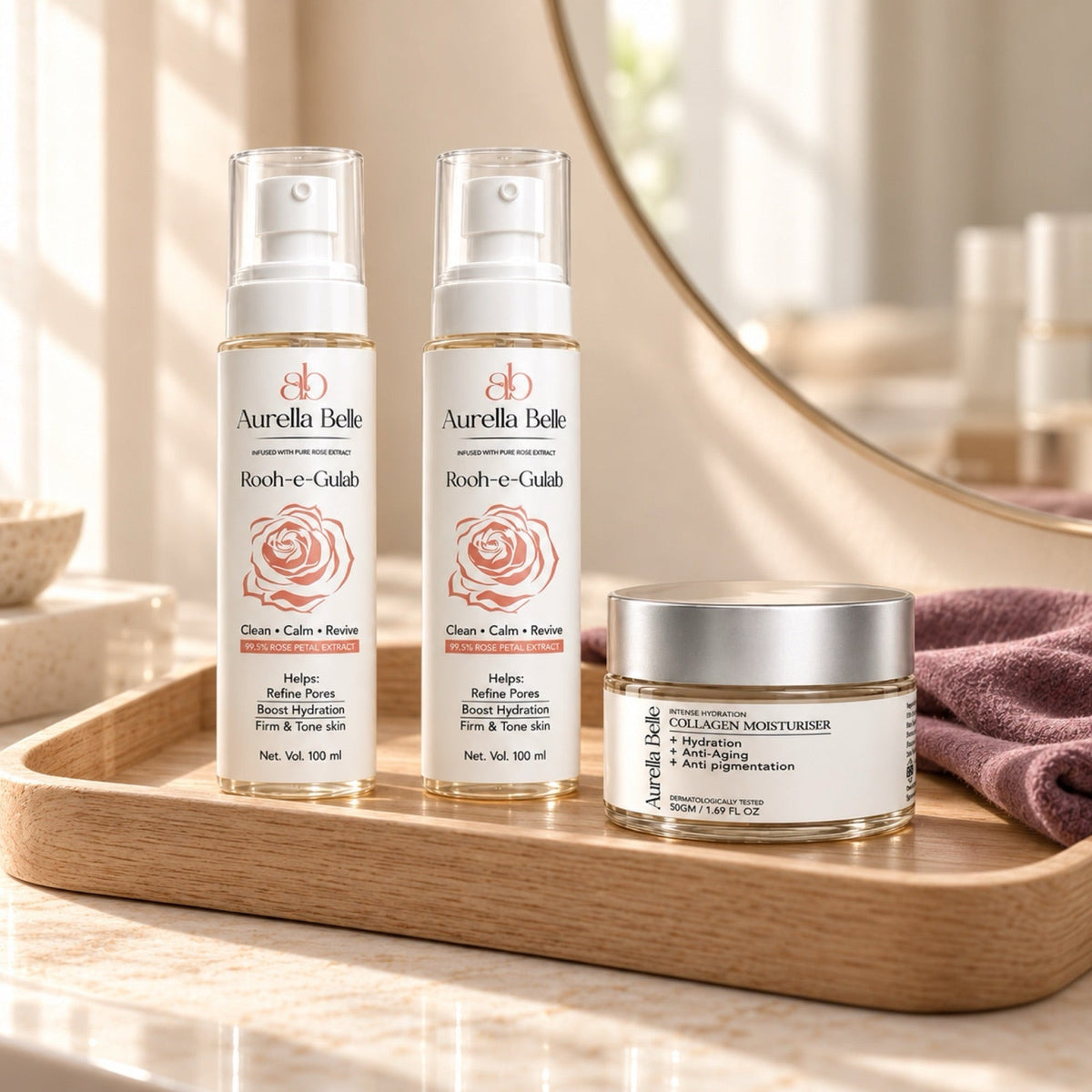 The Double Rose Ritual on a light oak vanity tray