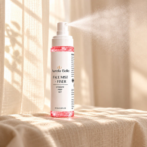 Face Mist & Makeup Fixer spraying a fine mist by a sheer curtain