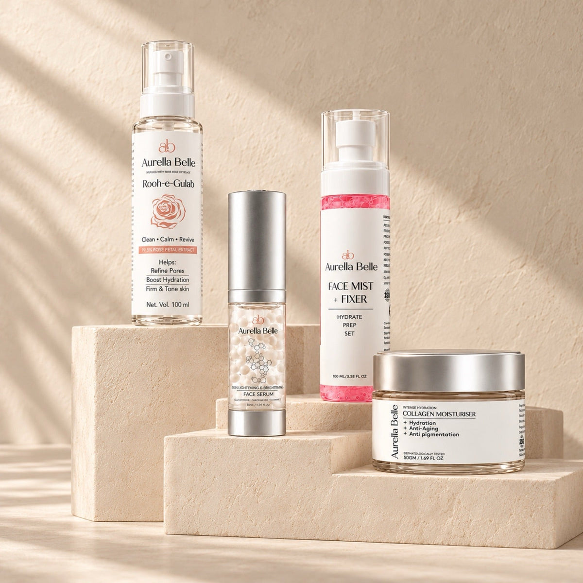 The Ultimate Glow Set on stepped cream blocks